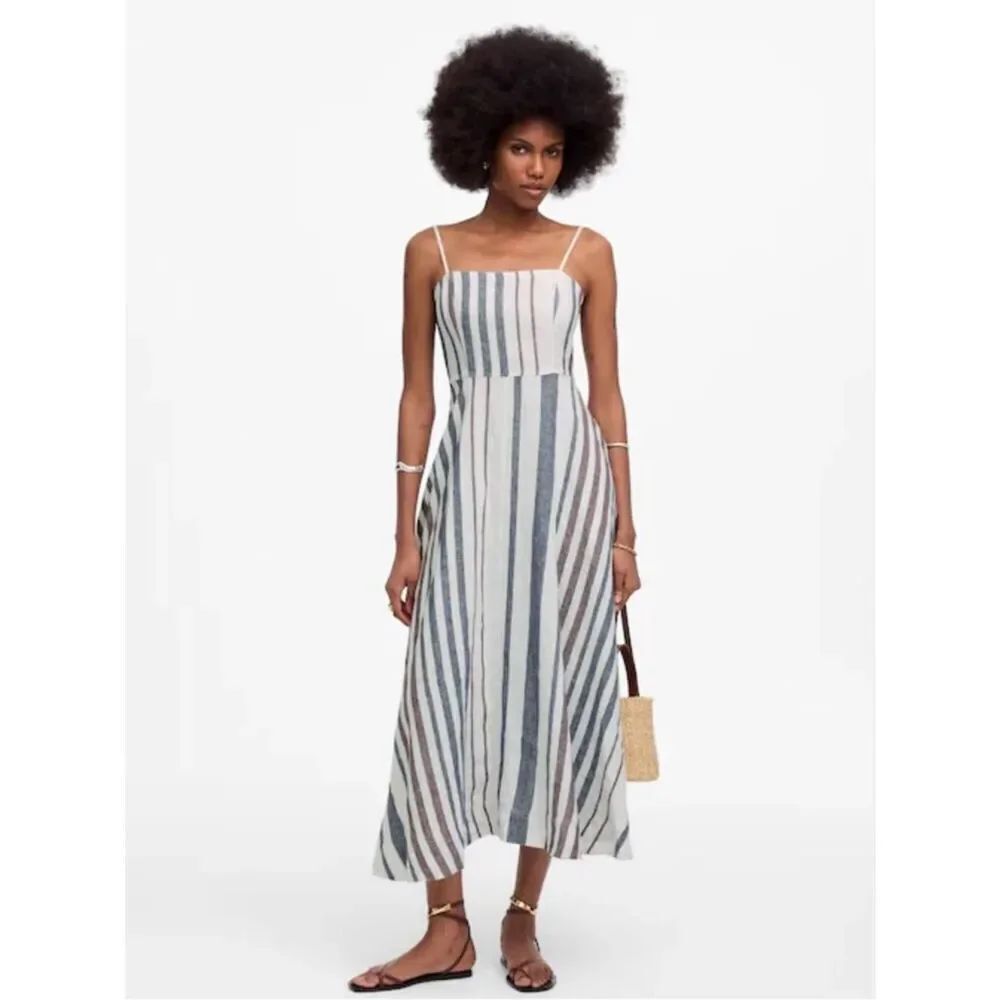 Madewell White and Gray Striped Spaghetti-Strap Midi Dress